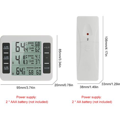 Thermomètre intérieur/extérieur avec capteur sans fil, affichage numérique des valeurs maximales et minimales, grand écran LCD pour la maison, la chambre ou le bureau (2 capteurs) (1/5)
