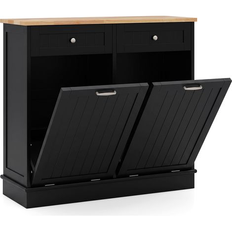 Meuble Poubelle Double Basculant, avec Plateau en Bois de Caoutchouc, Planche à Découper & 2 Tiroirs de Rangement, 100 x 33 x 90 cm, Noir (1/5)