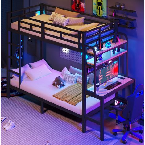 Letto a castello 90x200 cm nero in metallo e MDF con scrivania, LED, USB e protezioni (1/5)