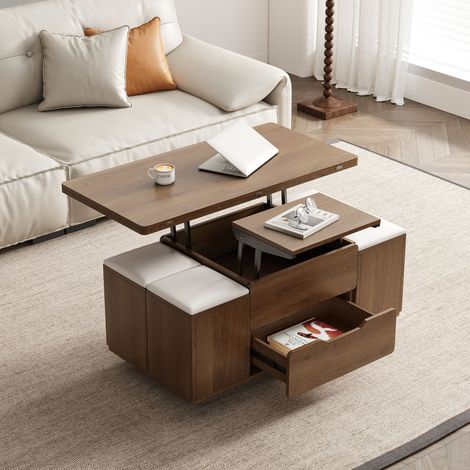 Table basse pliable et relevable Noyer– 100x50x65 cm – 4 tabourets sous la table – Gain de place pour studio
