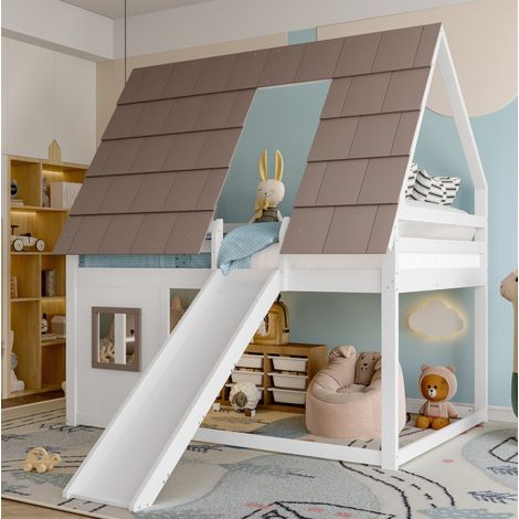 Lit superposé cabane 140x200 avec toboggan blanc brun HAVRYA (1/5)