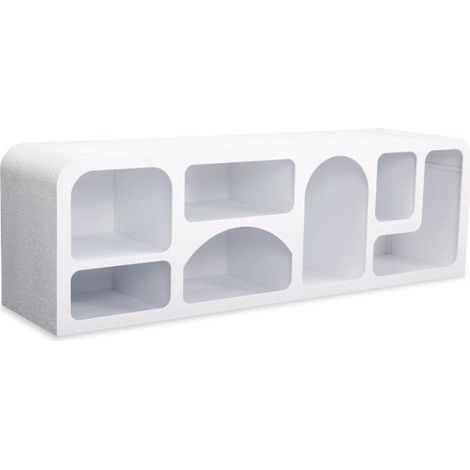 Paris Prix – Meuble TV 160cm blanc – MDF et résine – 7 niches ouvertes – Design contemporain inspiré de l'architecture troglodyte (1/5)