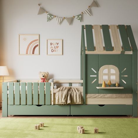 Lit avec tiroirs 90x200 maison bois vert HAVRYA (1/5)