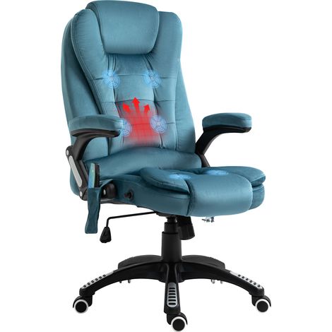 Vinsetto Fauteuil de bureau massant et chauffant, chaise de bureau, chaise ergonomique avec hauteur réglable, dossier inclinable et télécommande filaire, pivotant à 360° tissu en polyester bleu