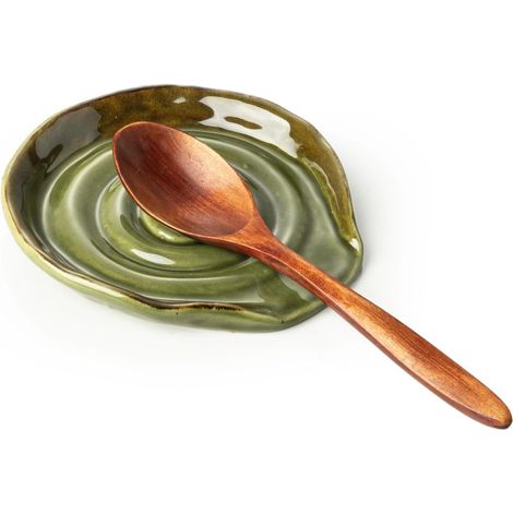 Ceramic Spoon Rest Stove Top Spoon Holder Spoon Holder for Kitchen Countertop Spatula Rest Farmhouse Utensil Holder (Kiln Green Green) (1/5)