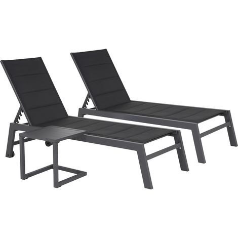 Set di 2 lettini BARBADOS in textilene nero e tavolino - alluminio grigio antracite
