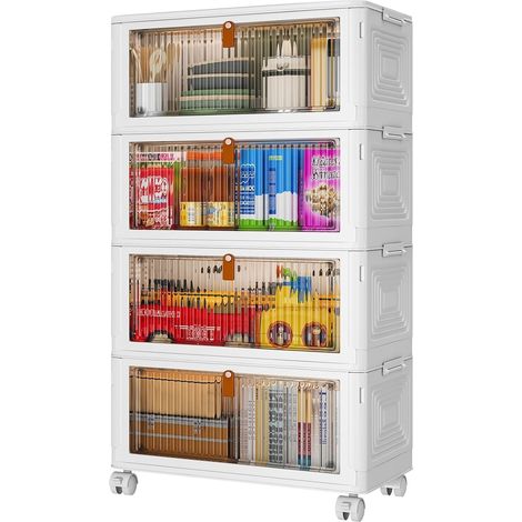Lot de 4 Boite de Rangement 35L avec Roulettes, Couvercle et Porte, Plastique Pliable Blanc pour Maison (1/5)