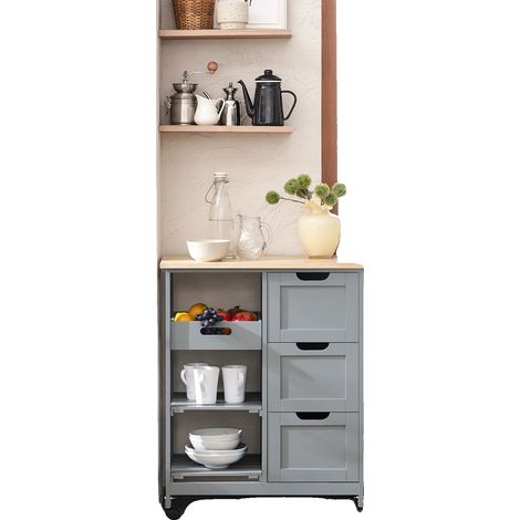 Carrito de cocina, 3 cajones grandes, estantes extraíbles, GRIS (1/2)