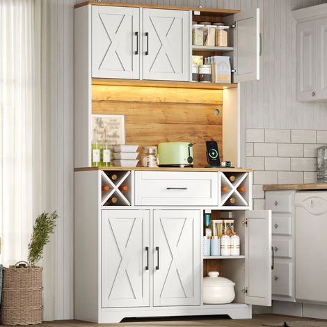 Buffet haut 105x40x180 cm en MDF blanc, avec rangement, LED, pour cuisine, salle à manger FloraGrace (1/5)