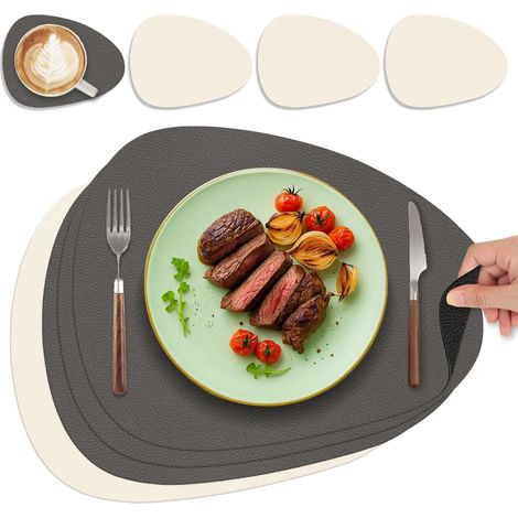 Lot de 4 sets de table ovales en cuir lavable, double face, antidérapants, gris et beige. (1/5)