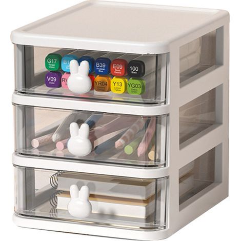 Transparente, mehrstufige Aufbewahrungsbox für den Schreibtisch, großes Fassungsvermögen mit Hasengriff, Schubladenorganizer für Bücher und Stifte, Weiß, 3 Ebenen (13,4 x 17 x 16 cm) (1/5)