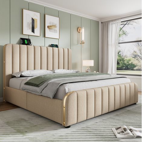 Cama doble tapizada 160x200 cm de lino beige con cabecero USB/Type-C, 4 cajones, somier de láminas y colchón (1/5)