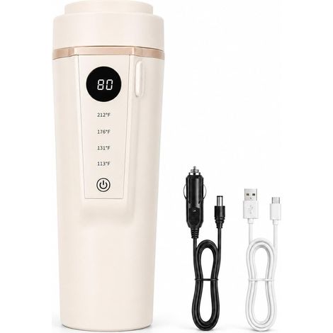 Bouilloire électrique de voyage pour voiture 400 ml beige, 12V-24V, tasse chauffante en acier inoxydable 316, contrôle de température variable, couvercle anti-déversement, chauffe-thé et café USB (1/5)