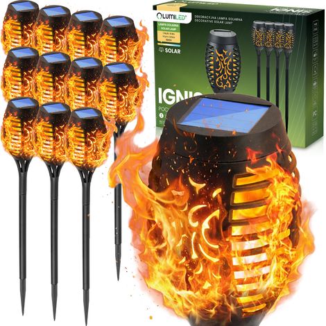Lot de 12 lampes solaires de jardin LED Ignis à planter, effet flamme, Lumiled (1/5)
