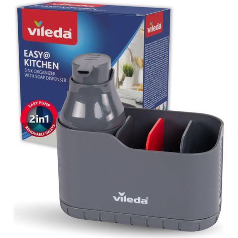 Organisateur d'évier avec distributeur de liquide vaisselle, en plastique, porte-éponge autoportant, distributeur de savon, pour éponges et brosses, durable et inoxydable (1/5)