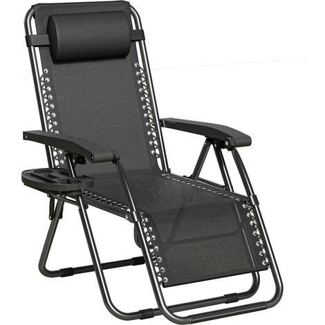 Set of 1 Zero Gravity Reclining Folding Outdoor & Garden Chairs with Textilene Fabric, Cup Holder and Headrest Pillow BLACK FRAME & BLACK TEXTILENE (1/5)