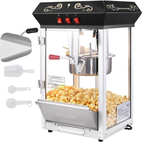 Machine à pop-corn 850 W, cuve de 225 g (8 oz) permettant de préparer 48 tasses par fournée, modèle de comptoir avec couvercle en verre trempé, 4 cuillères doseuses incluses, style cinéma, noire (1/5)