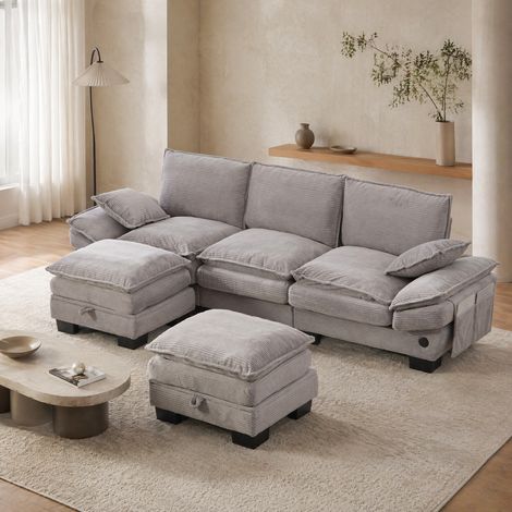 Divano modulare 3 posti in tessuto a coste grigio chiaro con 2 pouf (1/5)