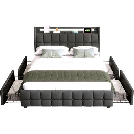 Lit rembourré en gris avec fonction de recharge USB, éclairage LED et 2 tiroirs, cadre de lit à lattes en bois (avec matelas) - 160x200 cm (1/5)