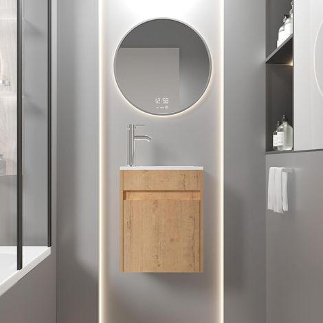 UEV Meuble de Salle de Bain Mural 41 cm, Meuble-Lavabo Suspendu avec Rangement, Lavabo en Résine, Robinet Chromé, 41 x 25 x 50 cm, Naturel (1/5)