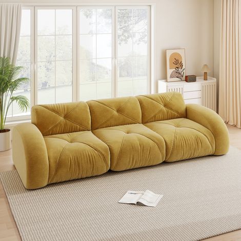 Canapé sans cadre modulaire 3 places extra-large jaune tissu chenille. Confortable antidérapant sans assemblage pour salon
