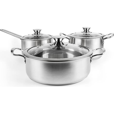 Batterie de Cuisine en Acier Inoxydable à 3 Couches, 6 Pièces, Casserole et Marmite avec Couvercle en Verre, Casseroles Adapté à la Tous Feux Dont Induction, Lavable au lave-vaisselle (Argent) (1/5)