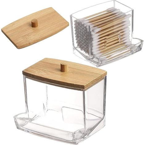 Boîte de coton - tige, support de coton - tige, boîte de réception de coton - tige avec couvercle en bambou, cosmétiques, distributeur de coton - tige de salle de bains de chambre à coucher (1/5)