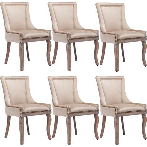 Chaise salle à manger luxueuse velours beige - 6 pièces - Rembourrée cloutée - Pieds bois massif - Cuisine/salon (1/5)