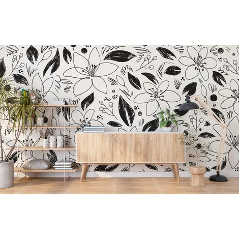 Papier peint fleuri - croquis feuillage noir et blanc - 150 x 250 cm (1/2)