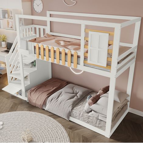 Lit superposé 90 x 200 cm en bois blanc et naturel avec escalier et rangement (1/5)