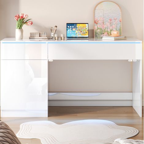 Bureau 120x50x78 cm blanc en panneaux de particules avec LED, 2 tiroirs et 1 porte (1/5)