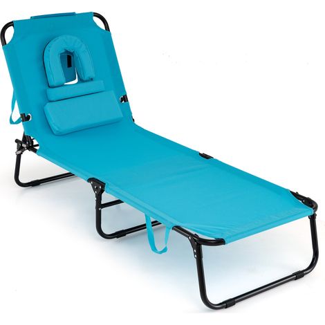 Chaise longue turquoise pliable en tissu Oxford avec dossier réglable, trou facial et 3 coussins amovibles pour plage et piscine
