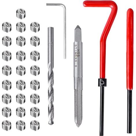 30 piezas de herramientas de reparación de roscas M5, kit de reparación de roscas con broca helicoidal, macho de roscar y llave, insertos roscados de acero inoxidable para reparación de roscas rotas e (1/5)