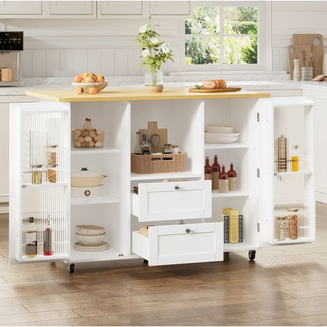 Isla de cocina con ruedas, tablero abatible, 2 cajones, 120 x 70 x 92 cm DESVIAE (1/5)