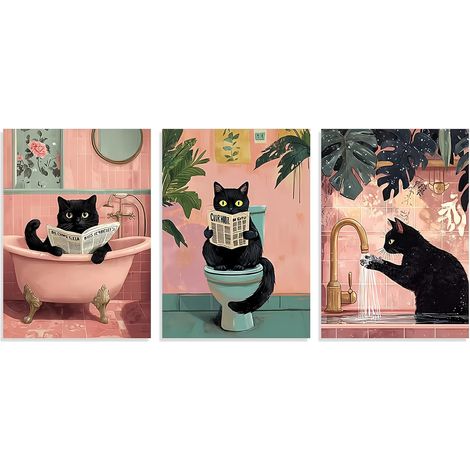 Lot De 3 Tableaux Muraux Chats pour Salle De Bain, Poster sur Toile, Décoration Humoristique pour Salle d'eau, Images Créatives pour Salle De Bain, Affiche Fanta (1/5)