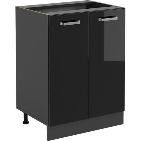 Meuble bas de cuisine R-Line, Noir Haute brillance, 60 cm sans plan de travail,