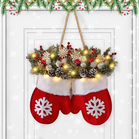 Couronne porte illuminée Gants Noël Couronne Noël éclairage Batterie LED Décoration porte Noël Couronne porte Noël (1/5)