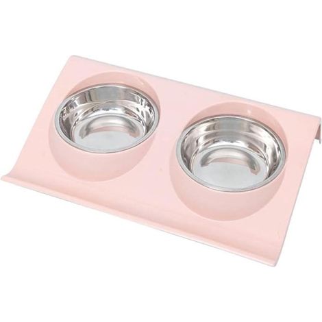 Doppelter Katzennapf aus Edelstahl – schräger, spritzwassergeschützter Napf – rosa