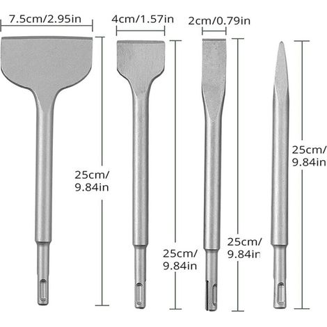 Set mit 4 Betonmeißeln und Bohrer für Schlagbohrmaschinen, bestehend aus einem Spitzmeißel und einem Flachmeißel (20 mm, 40 mm und 75 mm). (1/4)