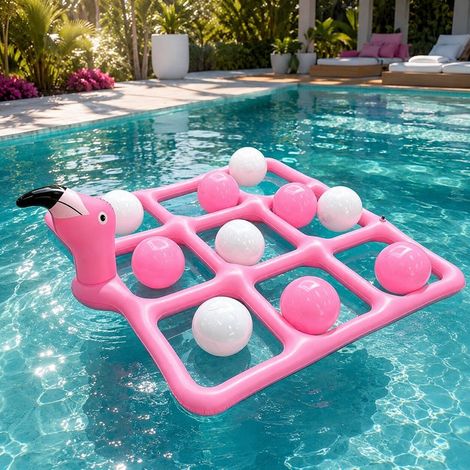 Jeu de lancer gonflable en forme de flamant rose avec 9 anneaux, en PVC, pour la natation en piscine.-AquaForge (1/5)