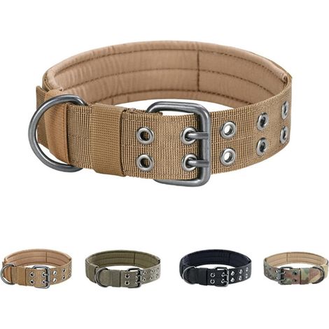 Halsband für mittelgroße bis große Hunde wie Malinois, Golden Retriever und andere Wachhunde. Robust, verstellbar und bissfest. Khakifarben, L-förmig. (1/4)