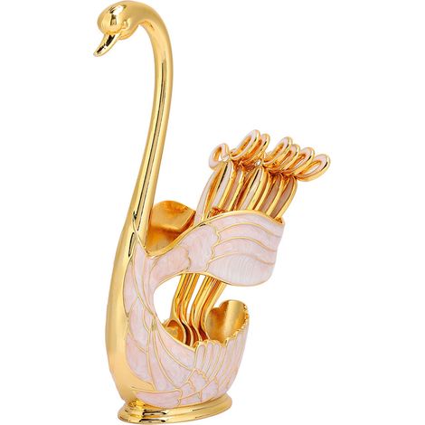 Ensemble de cuillères à café et dessert style européen élégant avec porte-cuillères à fruits en forme de cygne, vaisselle décorative dorée (1/5)