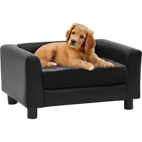 Canapé noir en forme de chien, mesurant 60x43x30 cm, en peluche et simili cuir.
