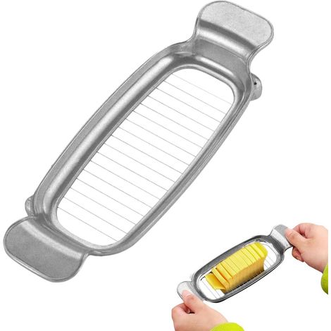 Trancheuse à beurre et à fromage multifonctionnelle en acier inoxydable avec poignée ergonomique et poignée de transport pour fromages en bloc et coupes de fruits.
