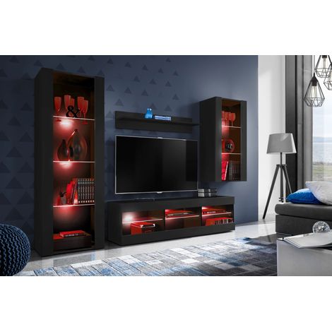 Komodee Ensemble de Meubles Tivoli Medio, Noir/Noir, Largeur 245cm x Hauteur 159cm x Profondeur 35cm, LED RGB, 3 étagères, pour Salon, Chambre, Entrée