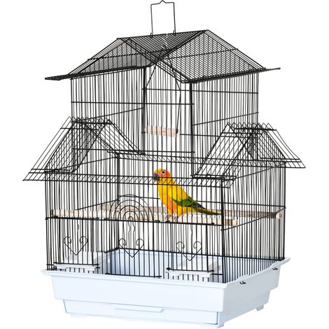 Cage à oiseaux en métal et plastique avec poignée de transport et plateau amovible, 50,5 x 41 x 63 cm, blanche