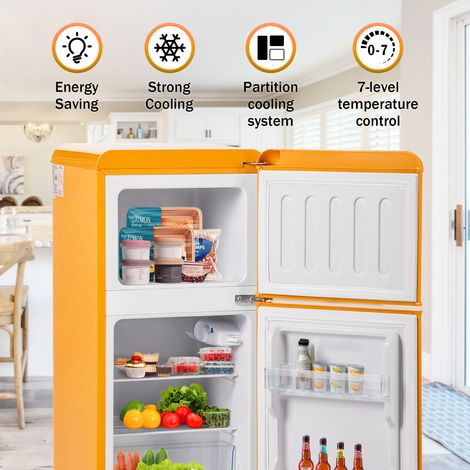 Okwish – Réfrigérateur rétro jaune à double porte – 60L total – Congélateur 22L – Classe F – 163 kWh/an – Température réglable -27°C à 13°C (1/5)
