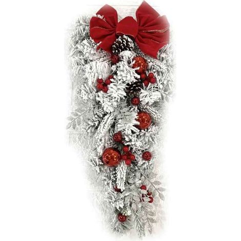 Künstlicher Rattan-Weihnachtskranz, mit Schnee bedeckt, umgedrehter Baum, rote Schleife, Band, arrangierte Szene, glitzernde Kugeln, Weihnachtstürdekoration, hängende Girlande für die Feiertage (1/4)