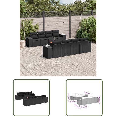 The Living Store Salon de jardin 9 pcs avec coussins noir résine tressée - Ensemble Salon De Jardin - Meuble Extérieur - Résine Tressée - Rotin Synthétique - Fauteuil De Jardin (1/3)