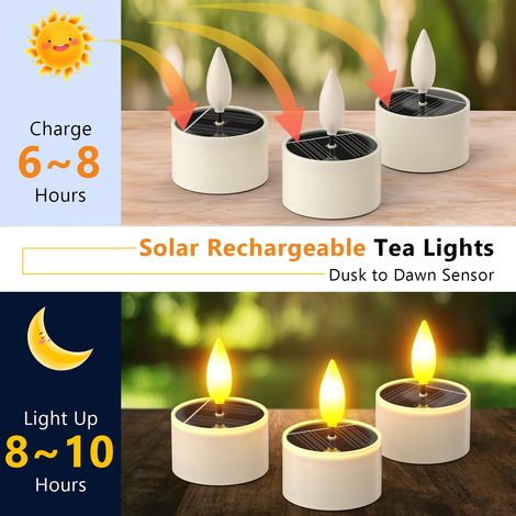 Set di 6 candele solari a LED impermeabili per esterni con sensore crepuscolare, batterie ricaricabili, candele tealight tremolanti per giardino, campeggio, decorazione (1/4)